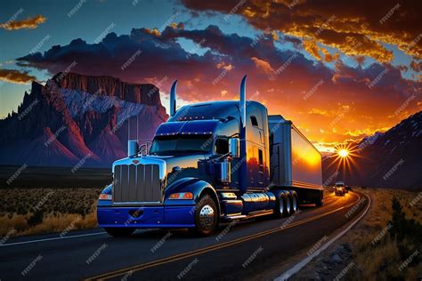 Premium Photo Large Blue Truck Driving Highway Sunset And Mountains