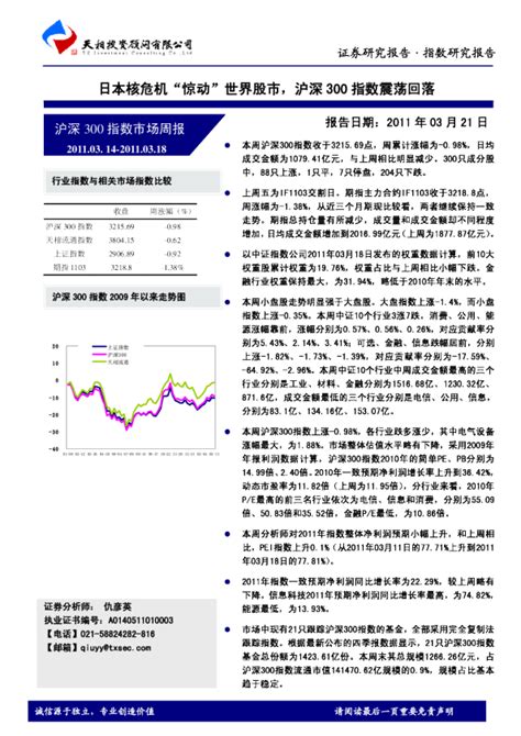 沪深300指数市场周报：日本核危机“惊动”世界股市 沪深300 指数震荡回落