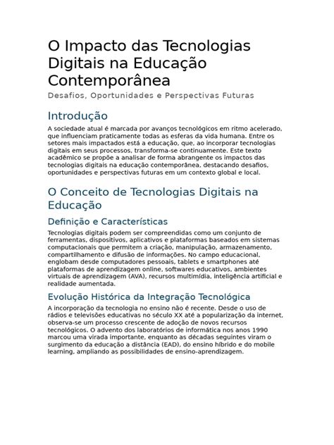 O Impacto Da Tecnologia Na Educação Resumo - Impacto das Tecnologias na Educação | PDF | Aprendizado | Tecnologia da ...