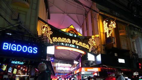 BANGKOK THAILAND 13 JULY 2019 Vivid Neon Sign Glowing Nana Plaza