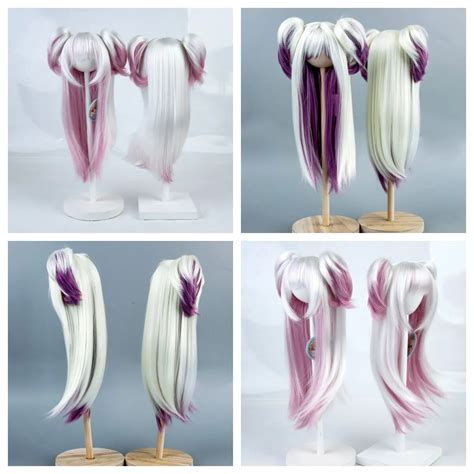 New Bjd Wigs Long Straight With Ears Hair Clip Wigs White Pink Blue