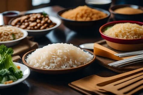 Premium AI Image | A table with rice and rice and a plate of rice