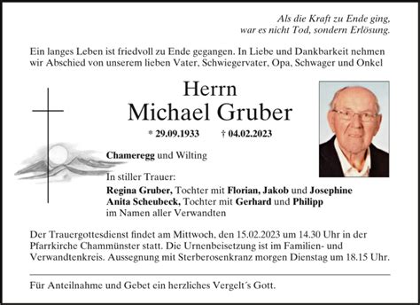 Traueranzeigen Von Michael Gruber Mittelbayerische Trauer