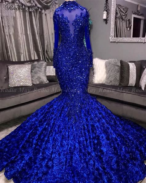 Royal Blue D Floral Mermaid Prom Dresses Black Girls High Neck Long