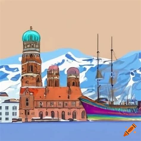 Snowy Mountain Peeks With A Ship And Frauenkirche Of Munich On Craiyon