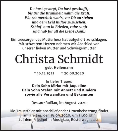 Traueranzeigen Von Christa Schmidt Abschied Nehmen De