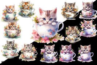 Cup Cat Flower Watercolor Clipart Graphic By Sansakdesign Creative