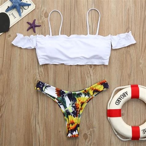 Sunflower Printed Swimwear Women 2018 Sexy High Cut Thong Bikini Off