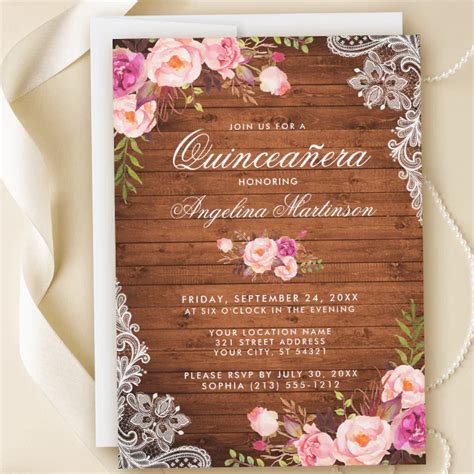 Rustic Quinceanera Wood Lace Pink Floral Invitation Zazzle