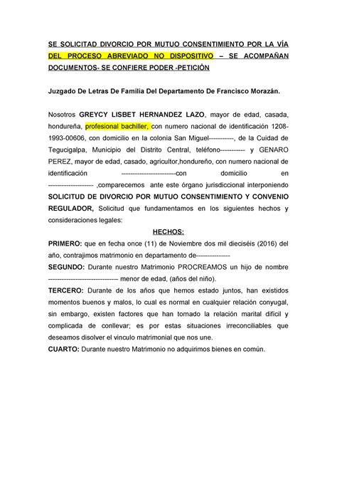 Se Solicitad Divorcio Por Mutuo Consentimiento Por La VÍa Del Proceso