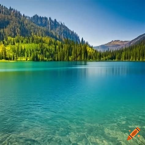 Blue Lake With Green Trees Around It Surrounded By Mountains Blue Sky