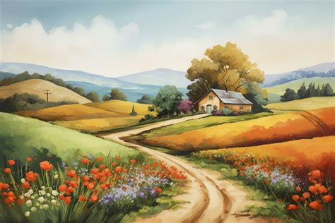 Countryside Charm Paint a peaceful countryside, A watercolor painting ...