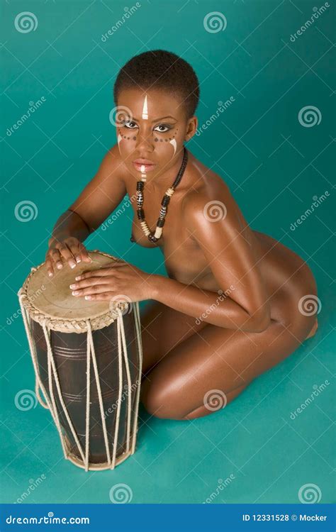 Indigenous Nude African American Woman With Drums Royalty Free Stock