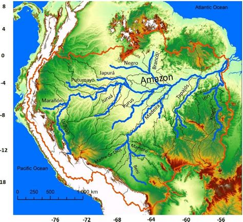 The Amazon River basin and its main tributaries mapped over the SRTM ...