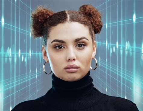 Retrato futurista y mujer con inteligencia artificial holográfica e