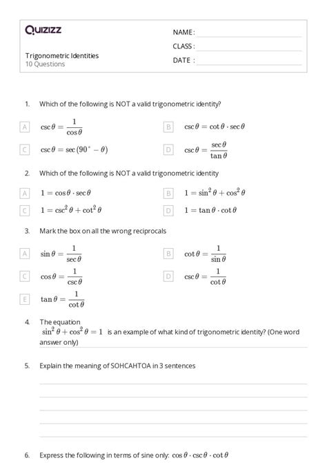 50 Trigonometric Identities Worksheets For 10th Class On Quizizz