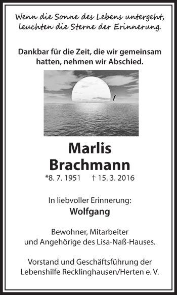 Traueranzeigen Von Marlis Brachmann Sich Erinnern De