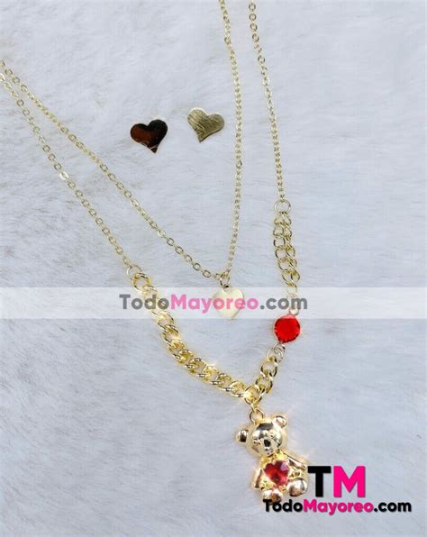 Collar Y Aretes Doble Con Osito Teddy Corazon Rojo Dorado Accesorios De