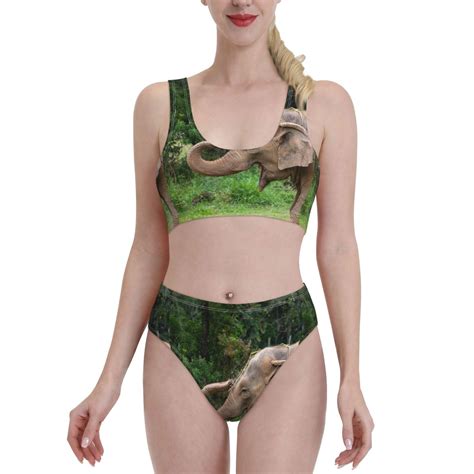 Adobk Asia Elephant Print Women High Waisted Bikini Set Sports Swimsuit