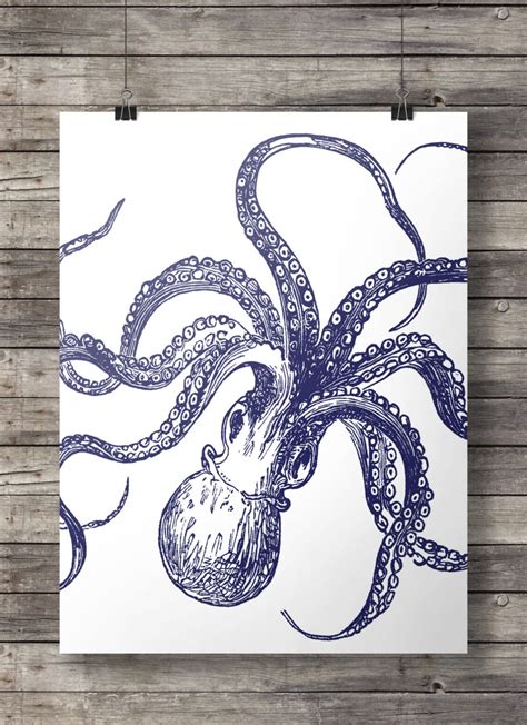 Octopus Kraken art print Navy blue Nautical coastal octopus | Etsy