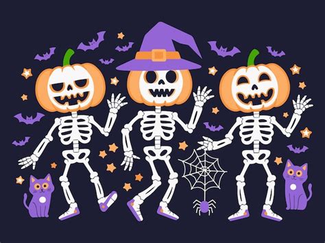 Premium Vector Playful Dancing Skeletons With Pumpkin Heads For