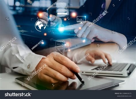 Online Transactions Businessman Touching Fingerprint Scan Stock Photo