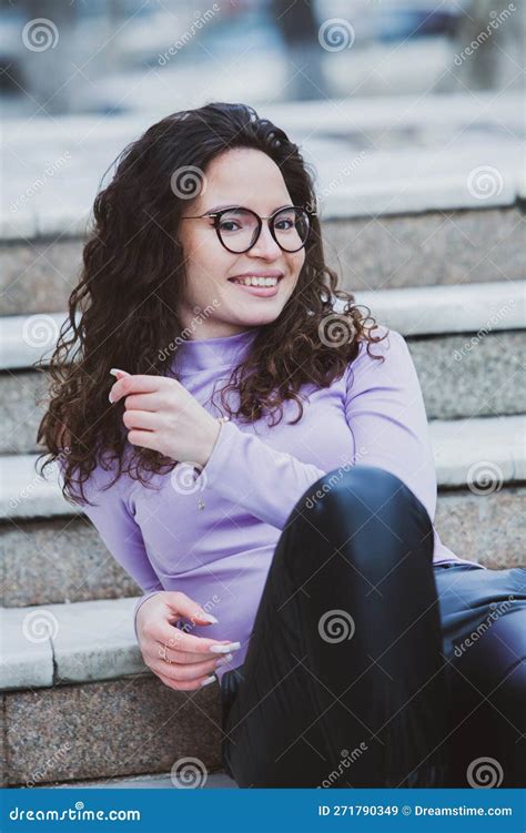 Beautiful Young Woman With Brunette Curly Hair Portrait In Eye Glasses