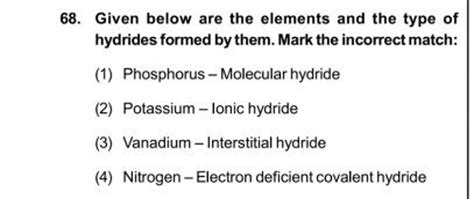 Given Below Are The Elements And The Type Of Hydrides Formed By Them Mar