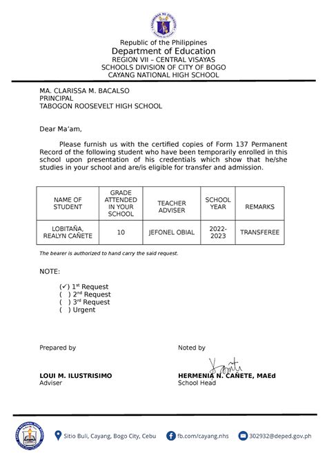 Request Letter Sf Snhds Republic Of The Philippines Department Of