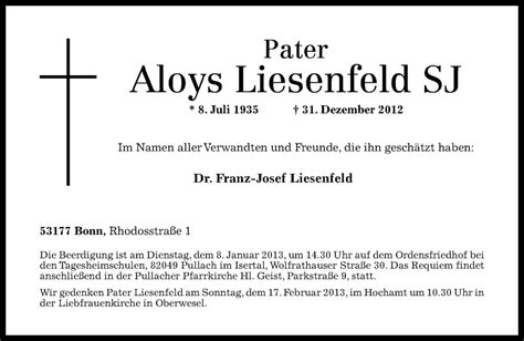 Traueranzeigen Von Aloys Liesenfeld Rz Trauer De