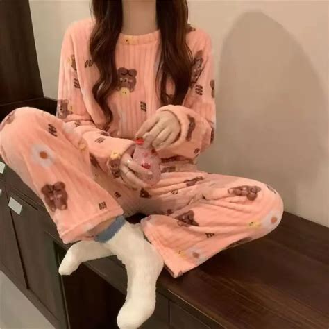 Conjunto Pijama De Flanela Fina Feminino Manga Longa Veludo Coral