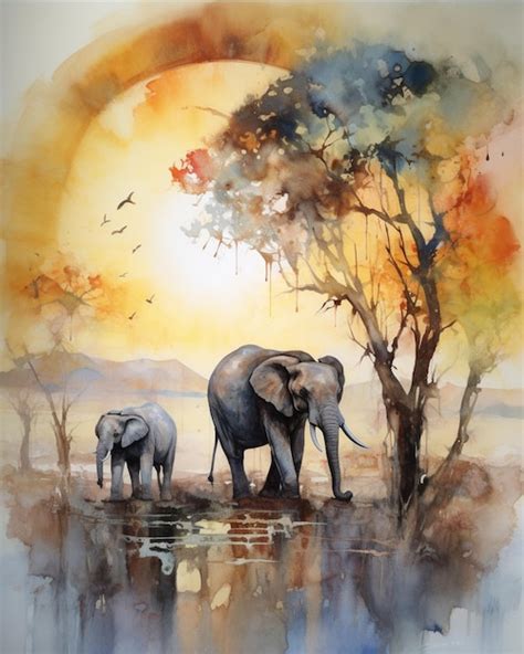 Premium Photo | Watercolor painting of elephants in the water