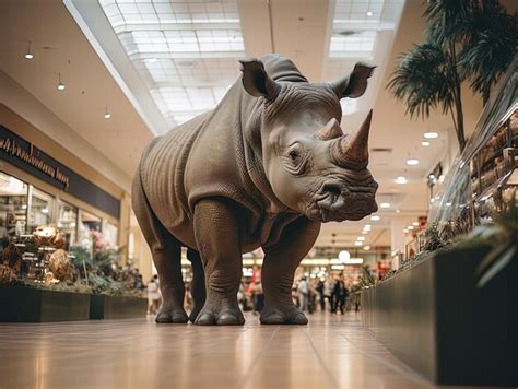 Uma estátua de rinoceronte num centro comercial um sinal que diz