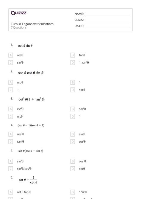 50 Trigonometric Identities Worksheets For 11th Year On Quizizz Free