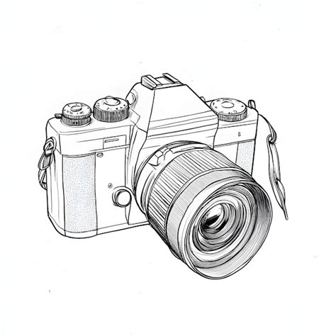 Vintage Camera On White Background Ink And Watercolor Drawing Premium