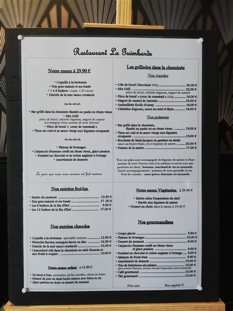 Menu Au Restaurant La Guimbarde Lorient