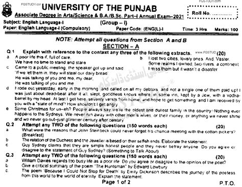 Ba Part English Language Past Paper Punjab University Group