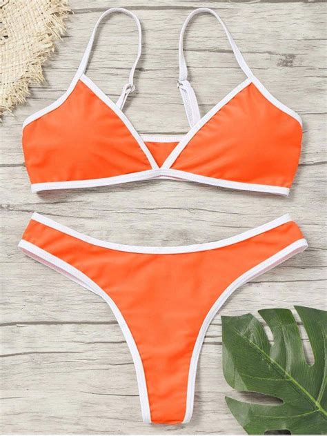 [15 Off] 2021 Padded Contrast Trim Thong Bikini Set In Fluorescent