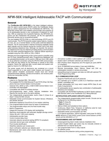 Notifier NFW 50X Intelligent Addressable FACP Data Sheet Manualzz