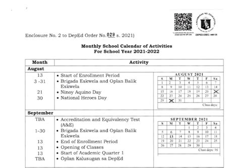 DepEd School Calendar 2021