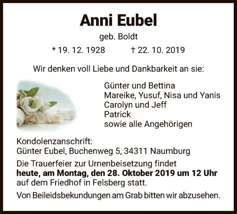 Traueranzeigen Von Anni Eubel Trauer Hna De