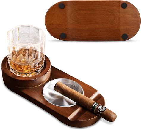 CIGARLOONG Cigar Ashtray Wooden Wine Glass Placement Stainless Steel