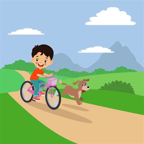 Cute Boy Riding a Bike with His Dog Stock Vector - Illustration of flat ...