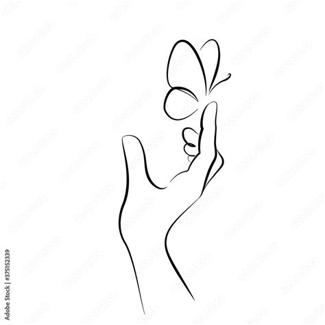 Hand with butterfly on finger. Line art drawing Stock Vector | Adobe Stock