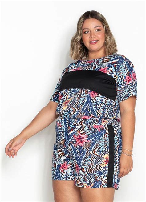 Conjunto Floral Azul Recortes Plus Size Marguerite