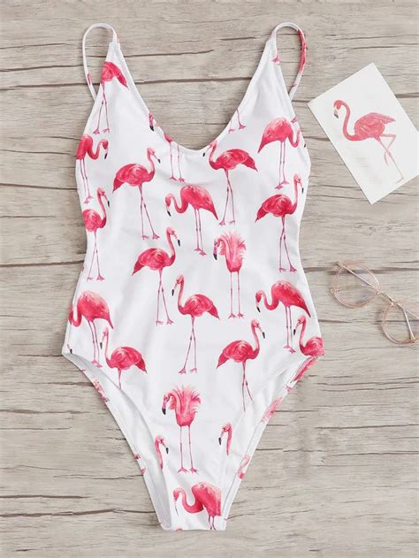 Shein Random Flamingos Print Criss Cross One Piece Swimsuit Swimsuits