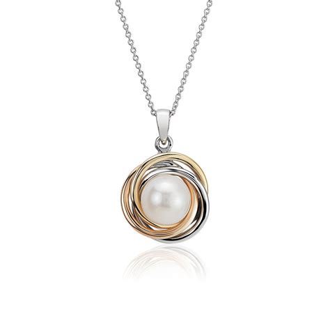 Tri Colour Love Knot Pendant With Freshwater Cultured Pearl In 14k