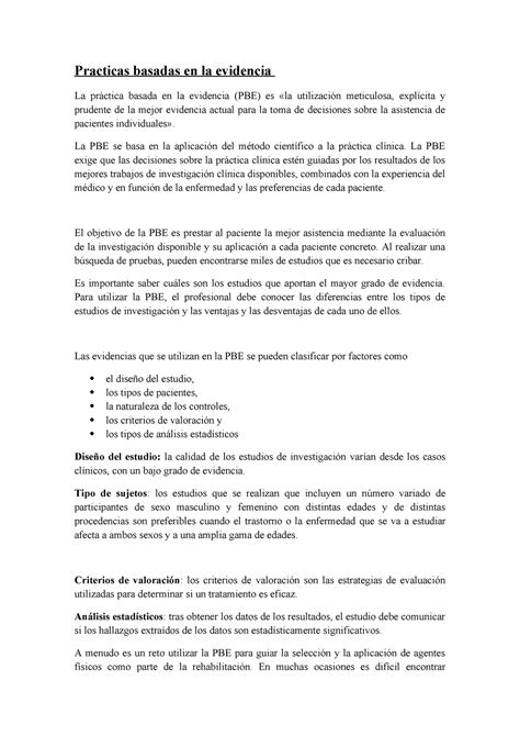 Practicas Basadas En La Evidencia La Pbe Se Basa En La Aplicación Del