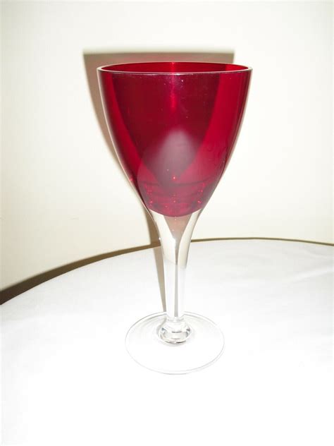 Set Of Five 5 Ruby Red Wine Water Goblets Glasses With Clear