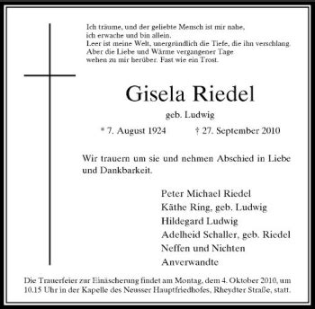 Alle Traueranzeigen für Gisela Riedel trauer rp online de